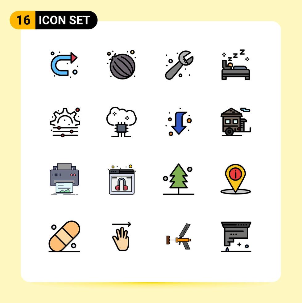 16 Universal Flat Color Filled Lines Set for Web and Mobile Applications gear creative plumber cleaning bedroom Editable Creative Vector Design Elements