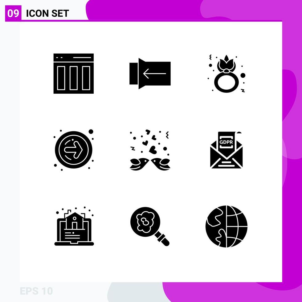 9 Thematic Vector Solid Glyphs and Editable Symbols of couple next button day next celebrate Editable Vector Design Elements