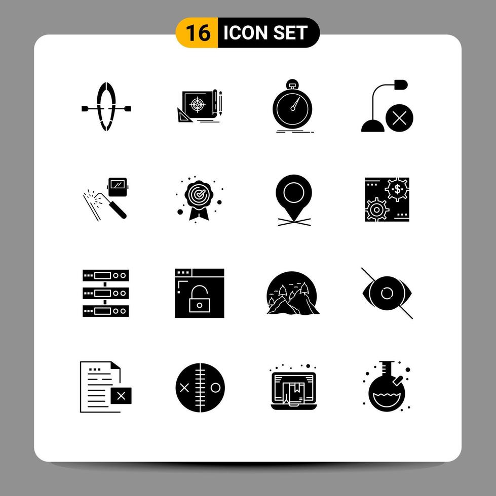 Set of 16 Vector Solid Glyphs on Grid for microphone gadget done devices sport Editable Vector Design Elements