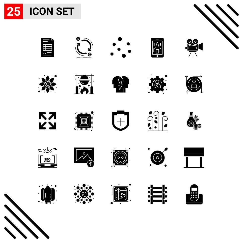Universal Icon Symbols Group of 25 Modern Solid Glyphs of movi smartphone convert mobile game Editable Vector Design Elements