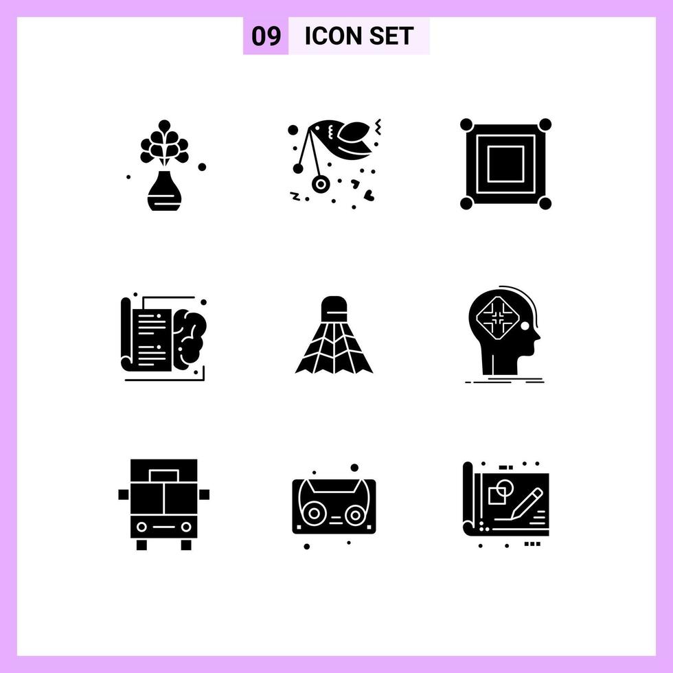 Solid Glyph Pack of 9 Universal Symbols of badminton knowledge romance brain box Editable Vector Design Elements