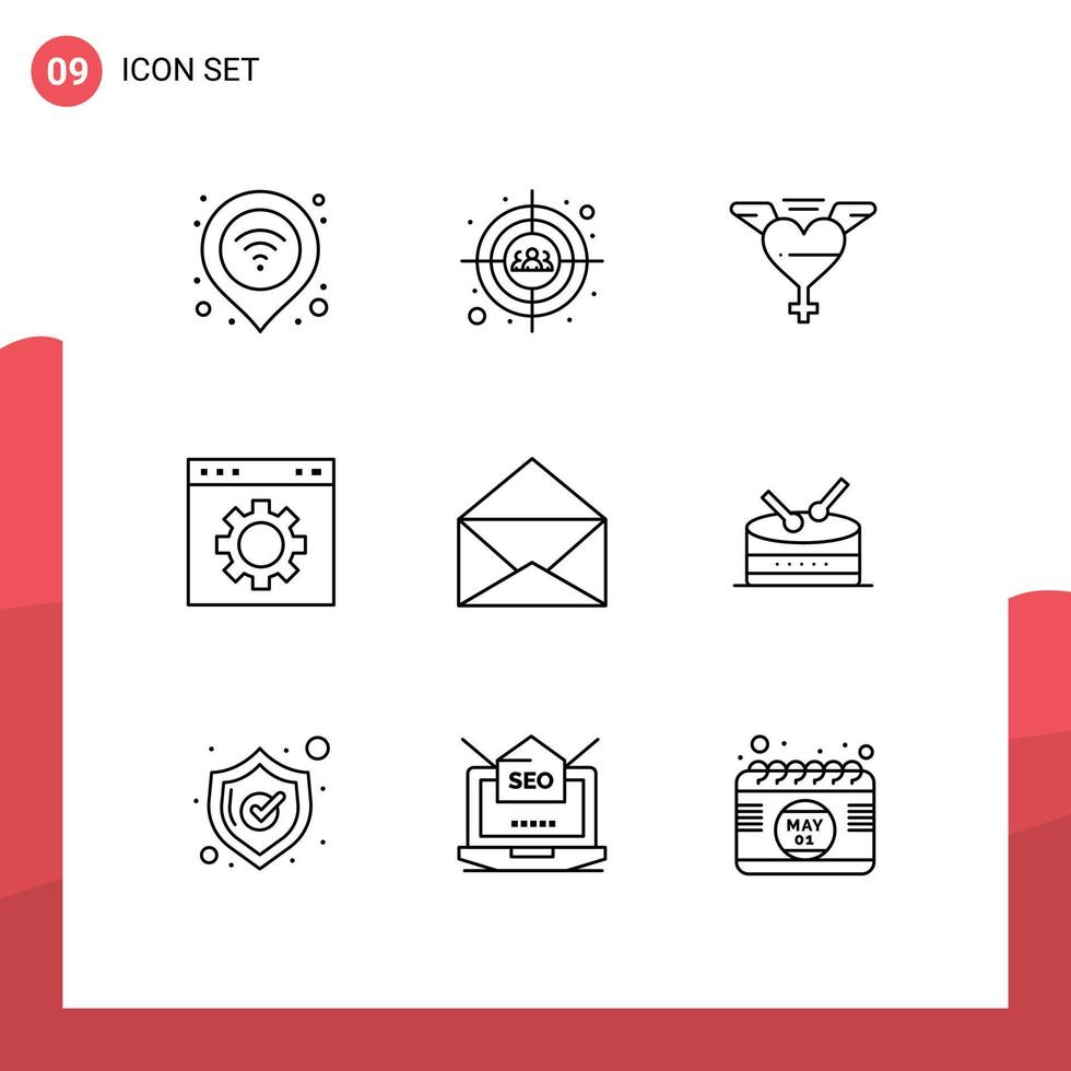9 Universal Outlines Set for Web and Mobile Applications message page head shot interface browser Editable Vector Design Elements