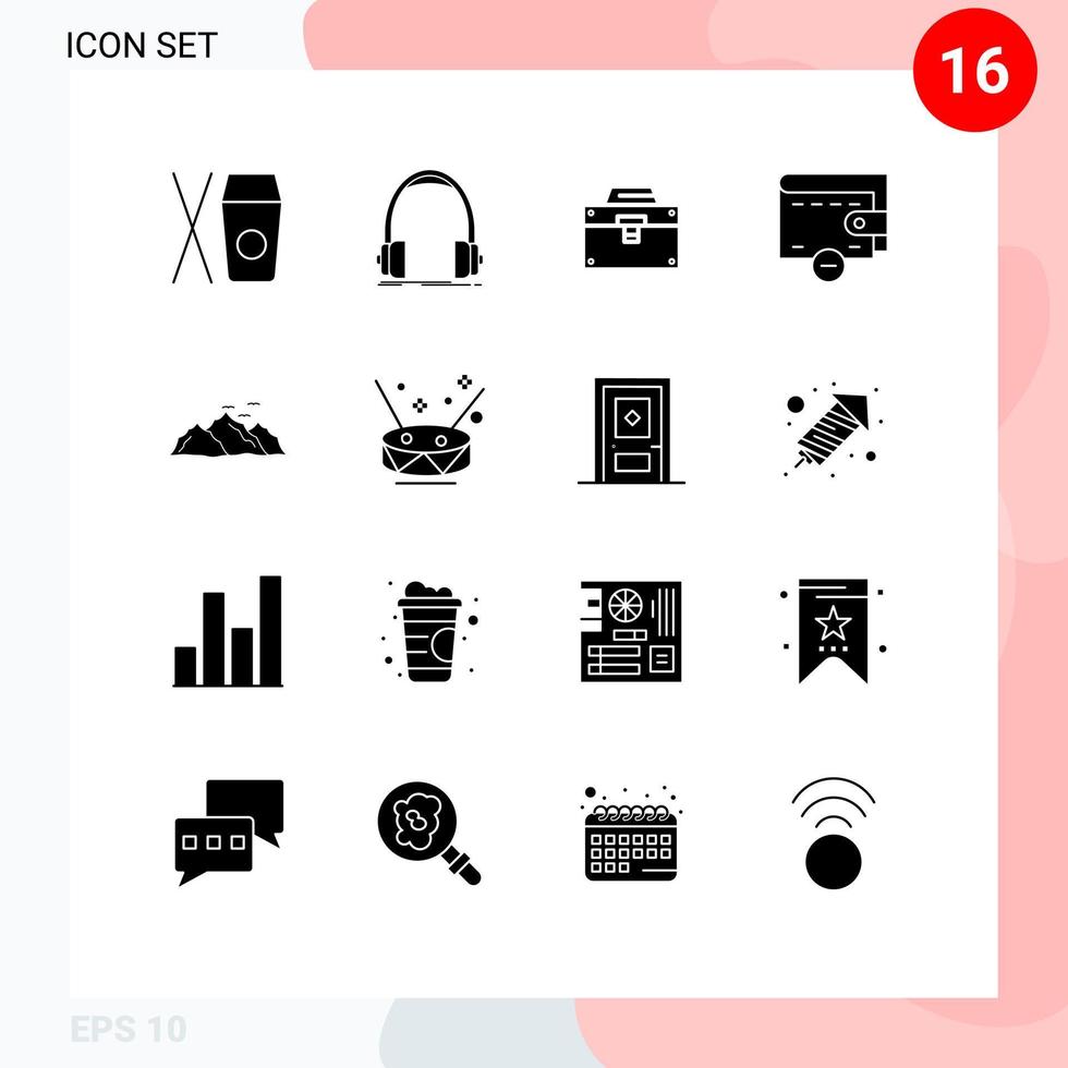 Modern Set of 16 Solid Glyphs Pictograph of landscape wallet bag money toolkit Editable Vector Design Elements