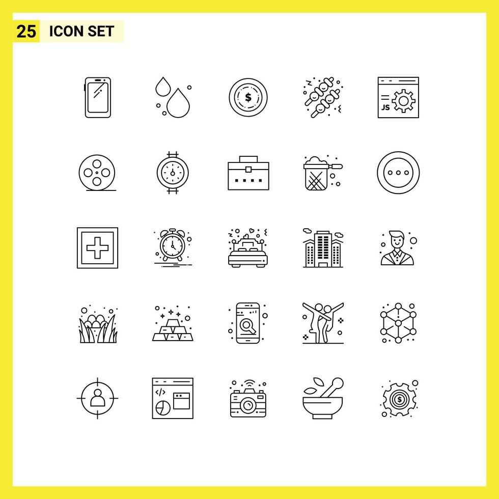 25 Universal Lines Set for Web and Mobile Applications development coding american browser food Editable Vector Design Elements