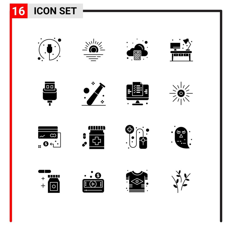 Set of 16 Vector Solid Glyphs on Grid for connector cable arithmetic desk living Editable Vector Design Elements