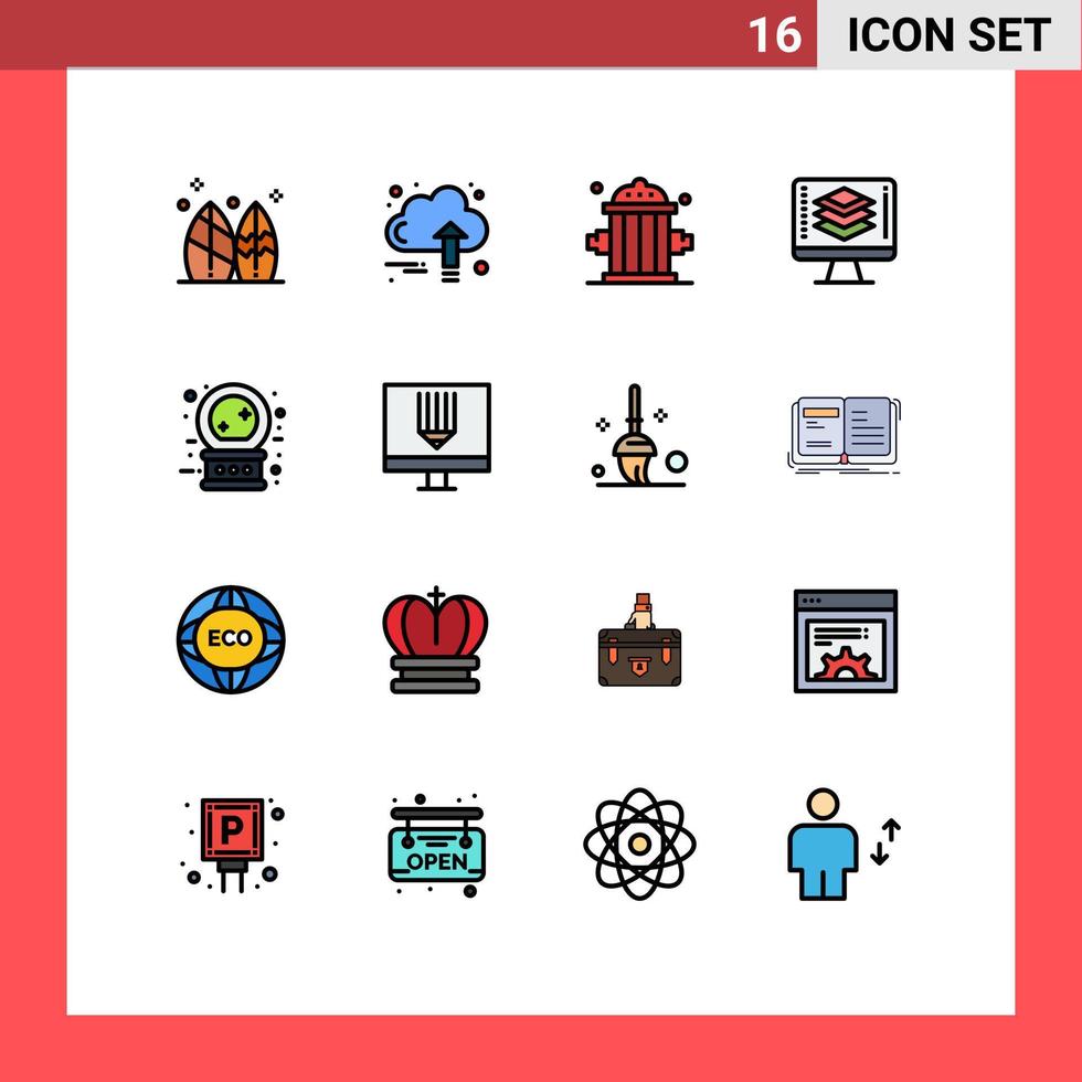 conjunto moderno de 16 líneas y símbolos rellenos de colores planos, como la programación de crecimiento de código de pantalla, elementos de diseño de vectores creativos editables para bomberos