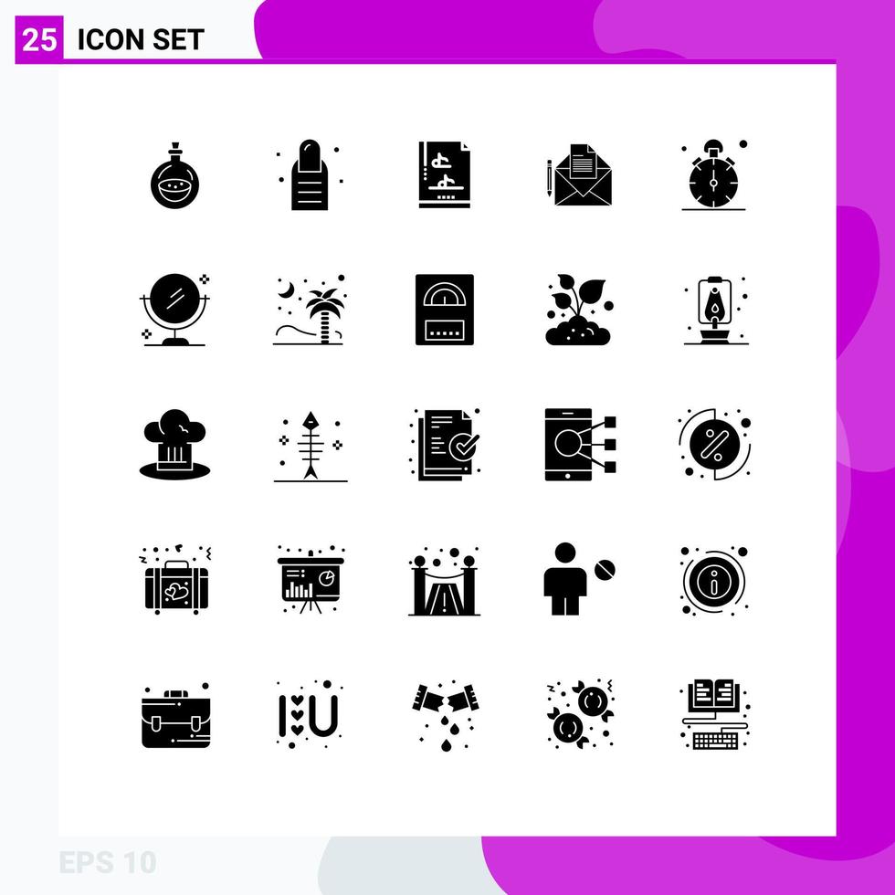 25 Universal Solid Glyph Signs Symbols of timer stop music watch fax Editable Vector Design Elements