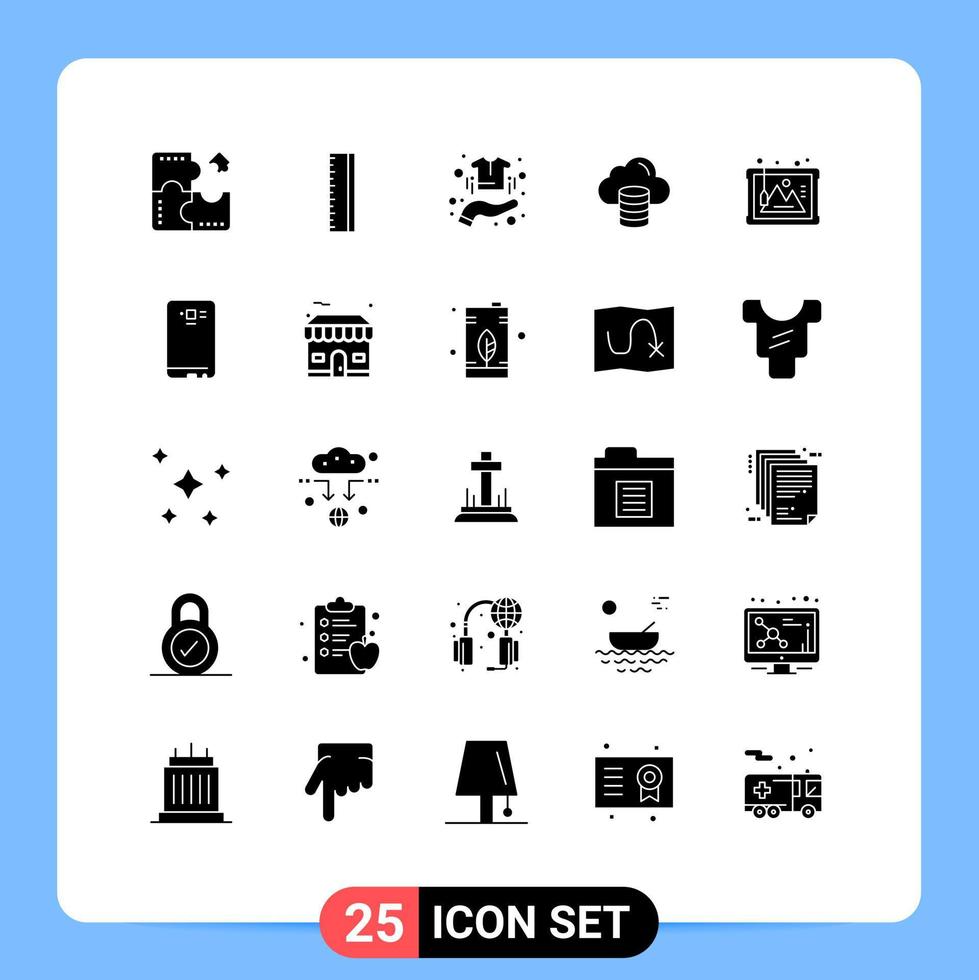 Modern Set of 25 Solid Glyphs Pictograph of frame money buy computing shirt Editable Vector Design Elements