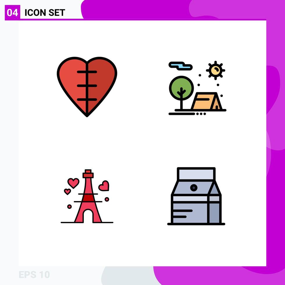 Group of 4 Filledline Flat Colors Signs and Symbols for heart tower medical sign holiday heart Editable Vector Design Elements