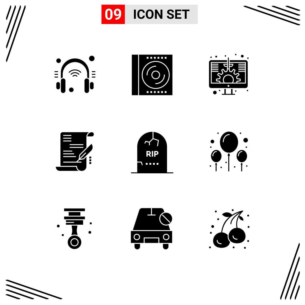 Mobile Interface Solid Glyph Set of 9 Pictograms of grave document disc business screen Editable Vector Design Elements