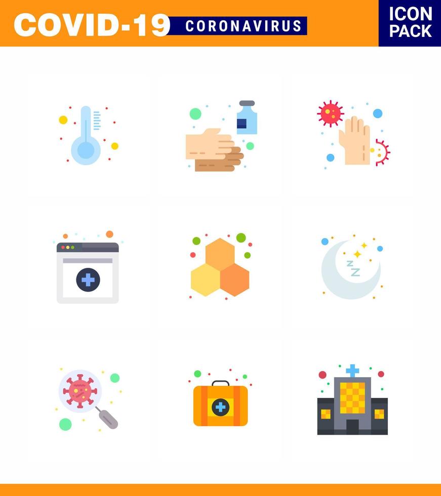 Coronavirus Precaution Tips icon for healthcare guidelines presentation 9 Flat Color icon pack such as chemistry online sanitizer medical hands viral coronavirus 2019nov disease Vector Design El