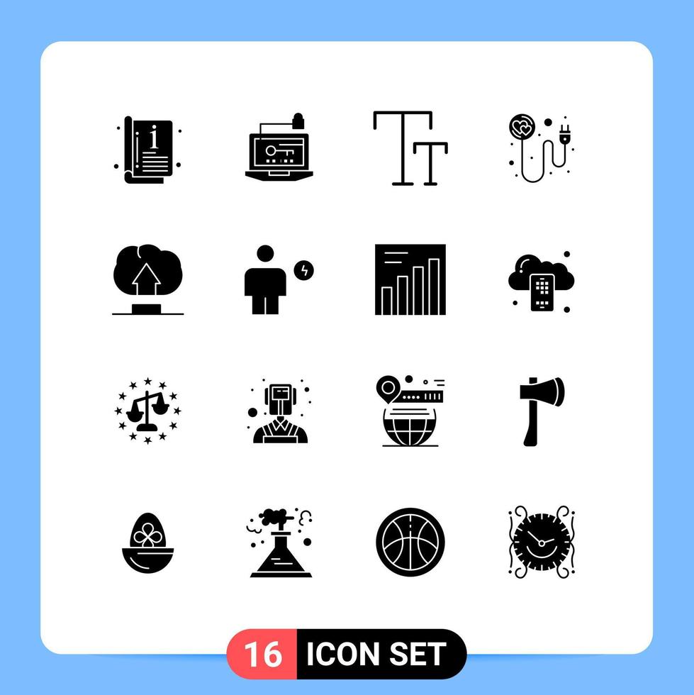 16 User Interface Solid Glyph Pack of modern Signs and Symbols of upload romance laptop recharge heart Editable Vector Design Elements