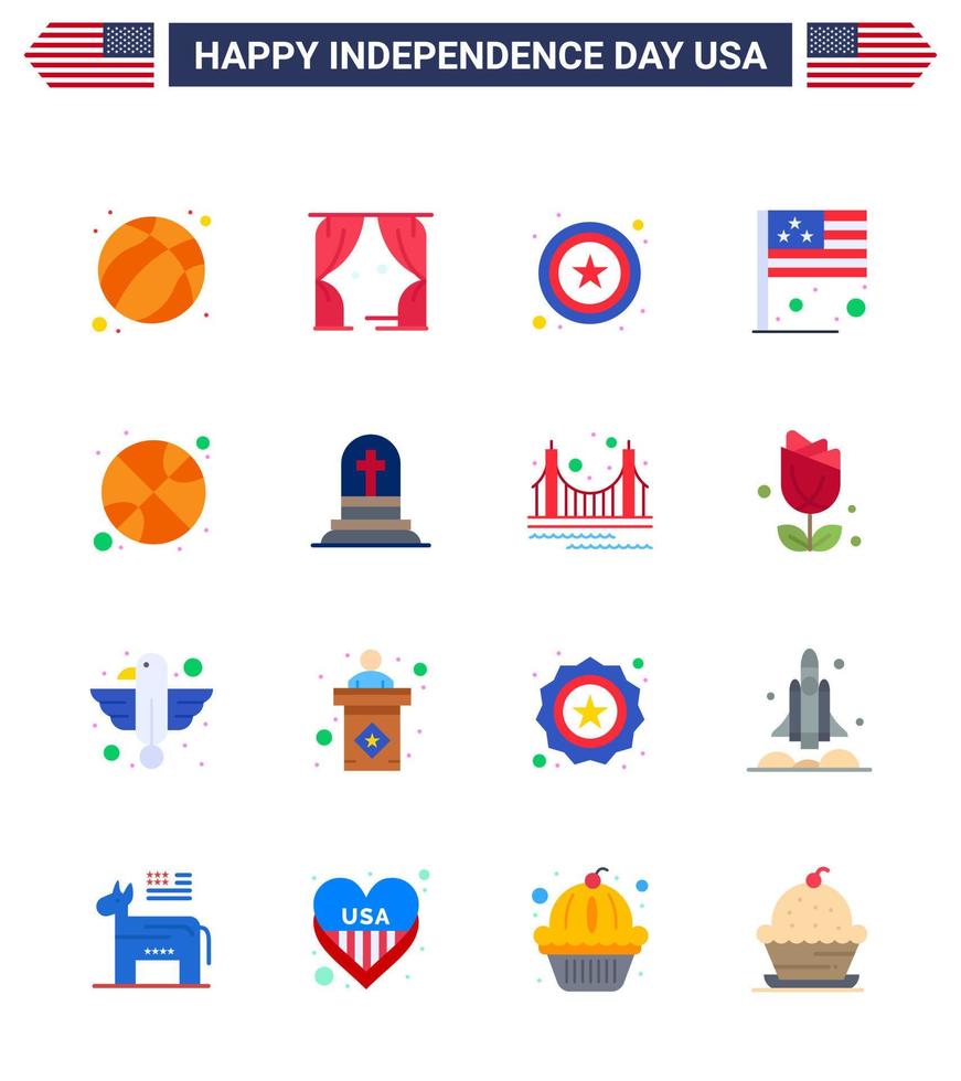 Set of 16 USA Day Icons American Symbols Independence Day Signs for sports basketball police usa country Editable USA Day Vector Design Elements