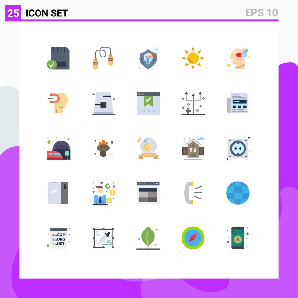 Pictogram Set of 25 Simple Flat Colors of human mind shinning jumping beach shield Editable Vector Design Elements