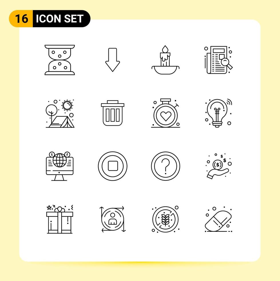 Modern Set of 16 Outlines and symbols such as camping registration fire listing filing Editable Vector Design Elements
