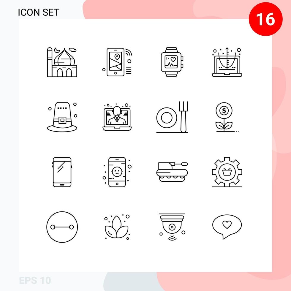 Modern Set of 16 Outlines Pictograph of equation computer share calculate love Editable Vector Design Elements