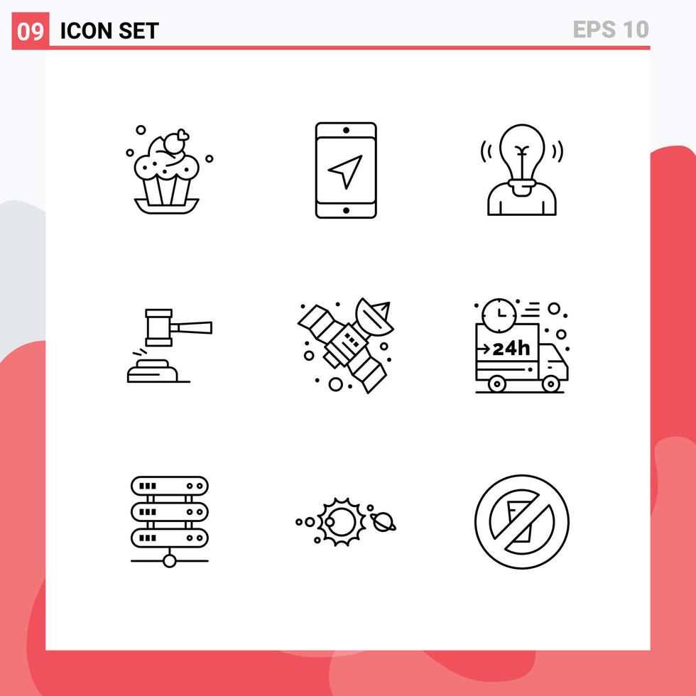 Editable Vector Line Pack of 9 Simple Outlines of hammer court bulb auction light Editable Vector Design Elements