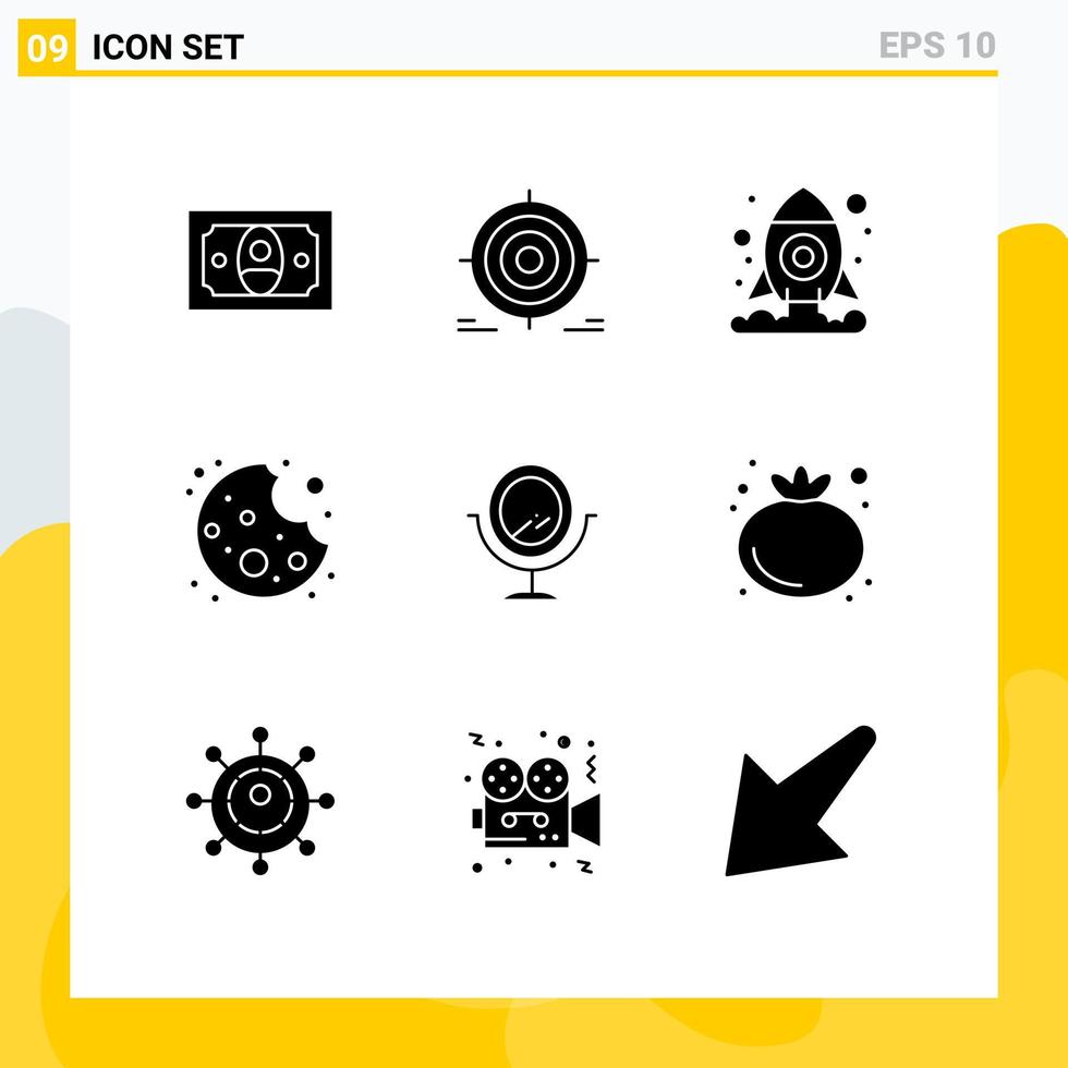 9 Thematic Vector Solid Glyphs and Editable Symbols of tomato fashion cosmos mirror cookie Editable Vector Design Elements