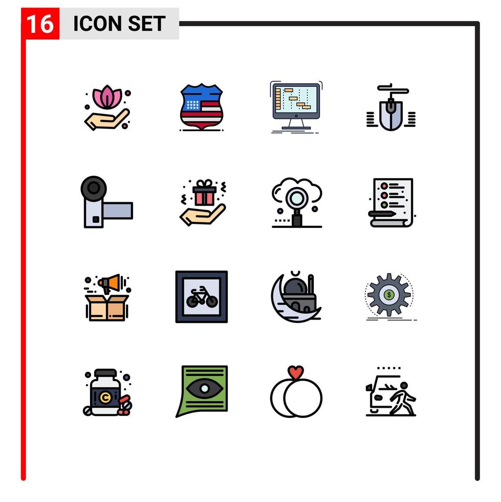 User Interface Pack of 16 Basic Flat Color Filled Lines of electronics camcorder application design mouse Editable Creative Vector Design Elements
