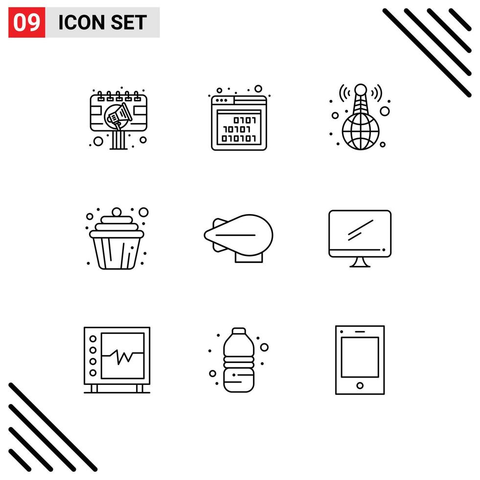 Modern Set of 9 Outlines Pictograph of airship cup seo cake news Editable Vector Design Elements