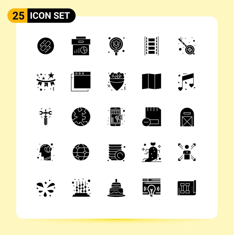 Pictogram Set of 25 Simple Solid Glyphs of filmstrip film graph animation record Editable Vector Design Elements