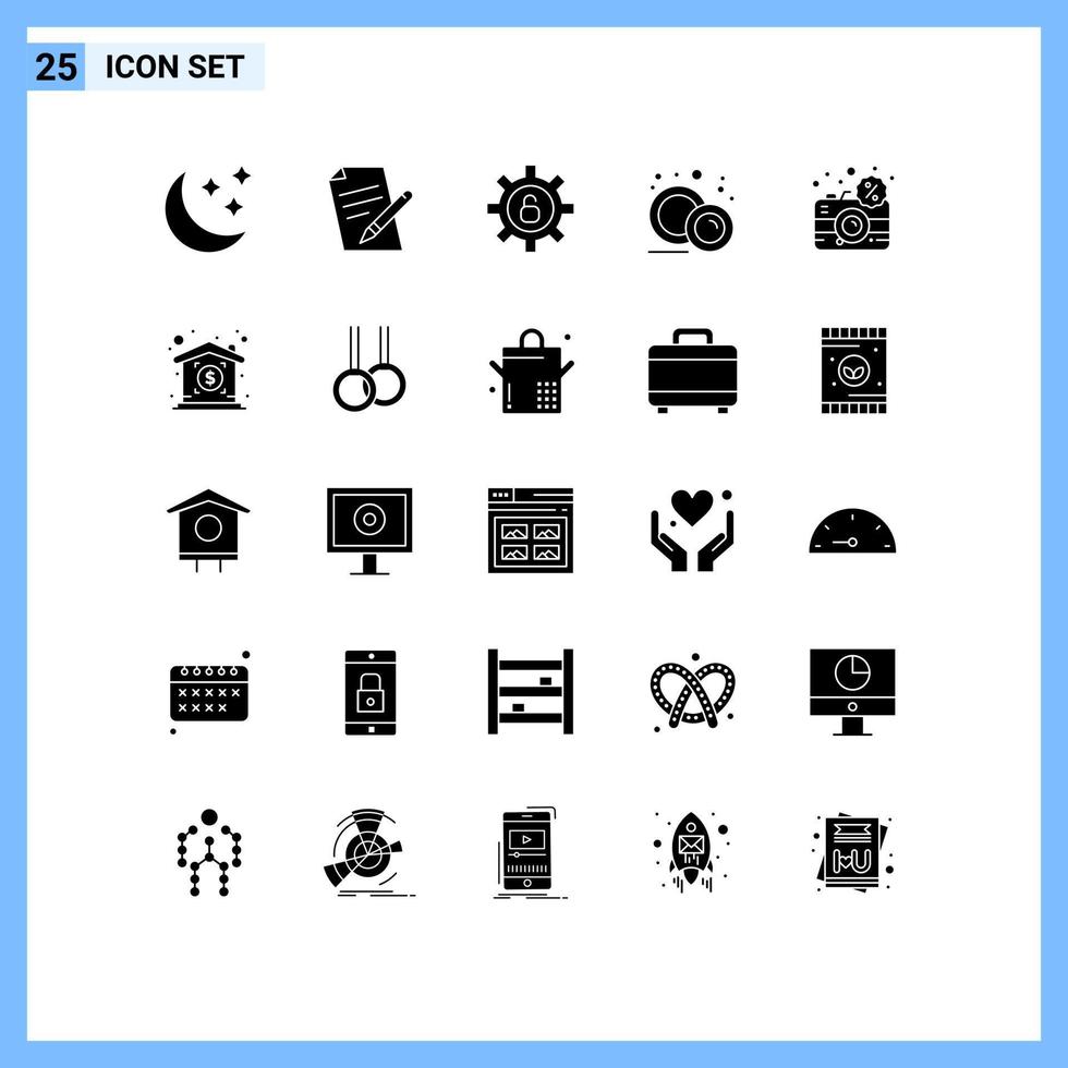 Group of 25 Modern Solid Glyphs Set for discount camera protection plate food Editable Vector Design Elements