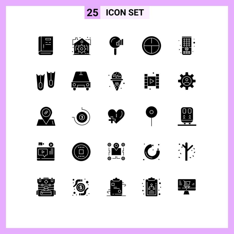 Set of 25 Commercial Solid Glyphs pack for tv control find military army Editable Vector Design Elements