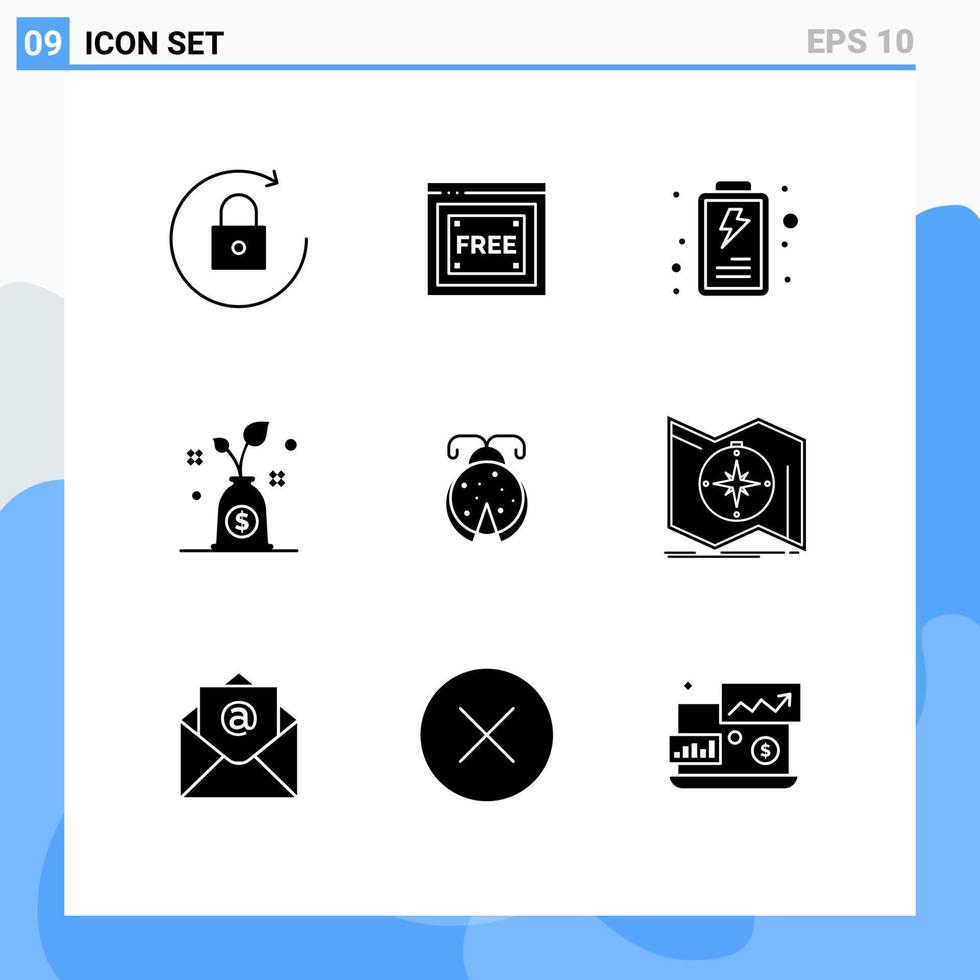 9 User Interface Solid Glyph Pack of modern Signs and Symbols of direction ladybird interface bug investment Editable Vector Design Elements