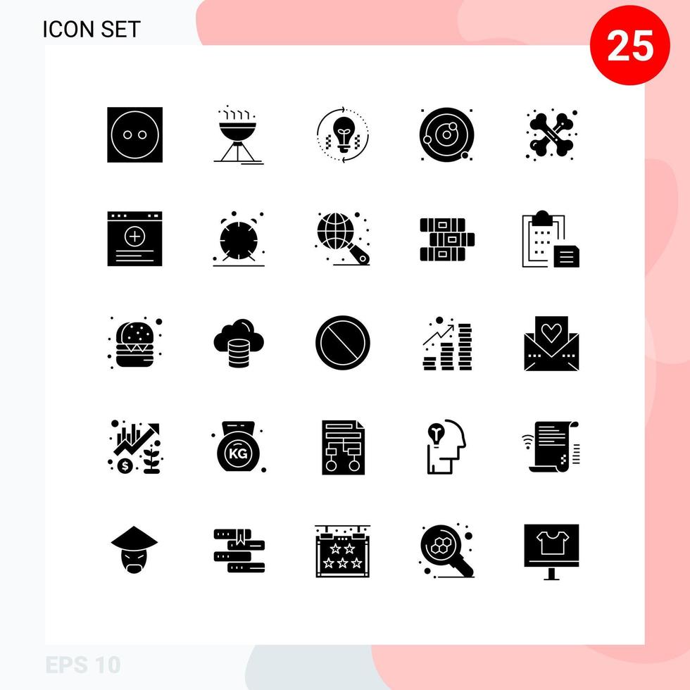 Universal Icon Symbols Group of 25 Modern Solid Glyphs of sphere planets orbiting bulb planetary system refresh Editable Vector Design Elements