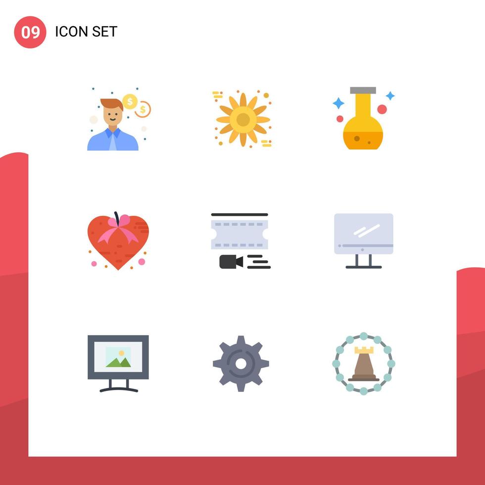 Pictogram Set of 9 Simple Flat Colors of film present flask valentine love Editable Vector Design Elements