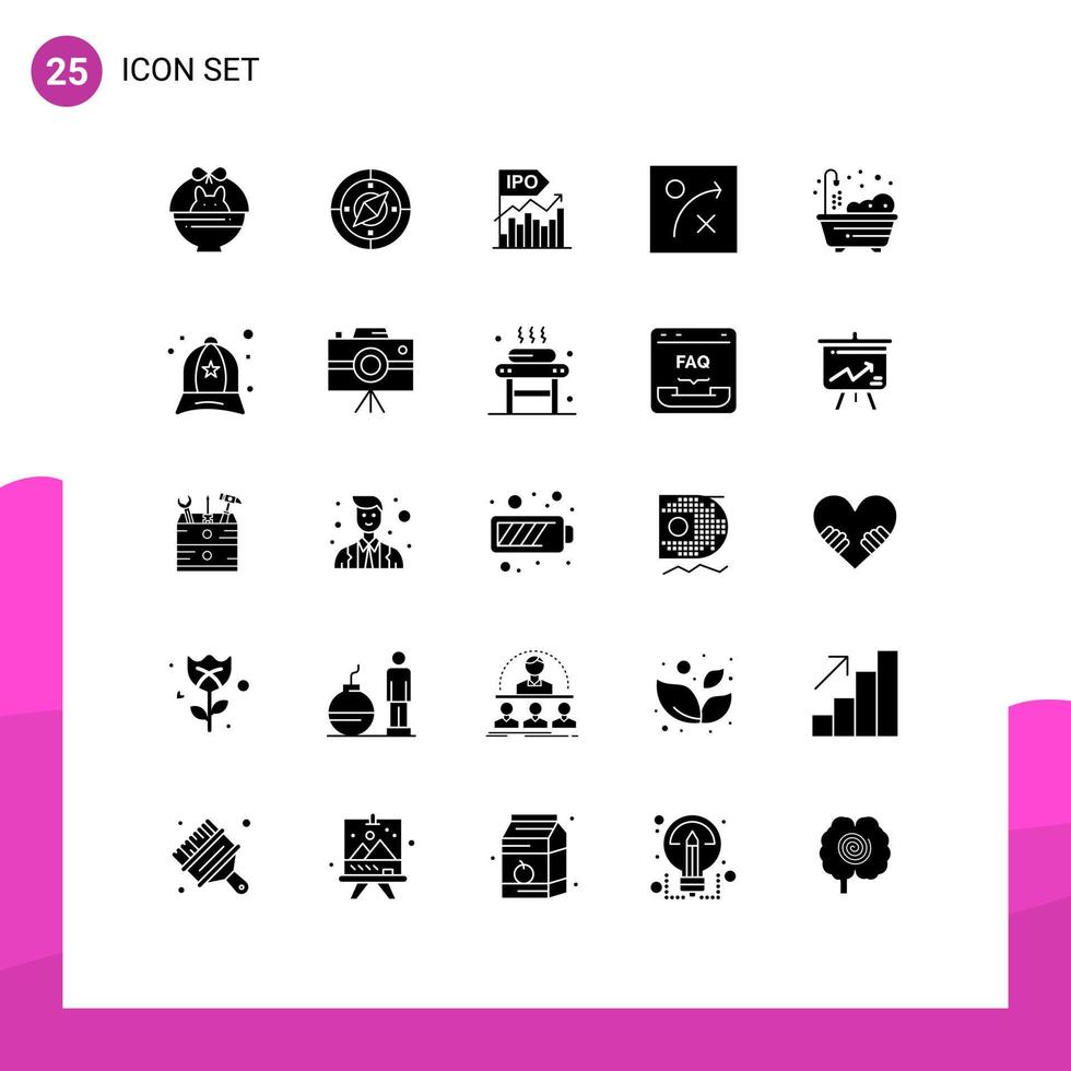 conjunto moderno de 25 glifos y símbolos sólidos, como el algoritmo ipo de estrategia viva, ofrece elementos de diseño de vectores editables