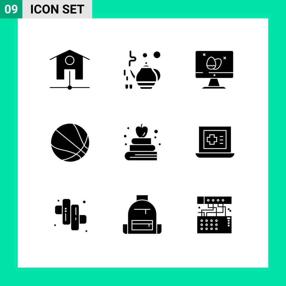 Group of 9 Modern Solid Glyphs Set for medical education egg book basketball Editable Vector Design Elements