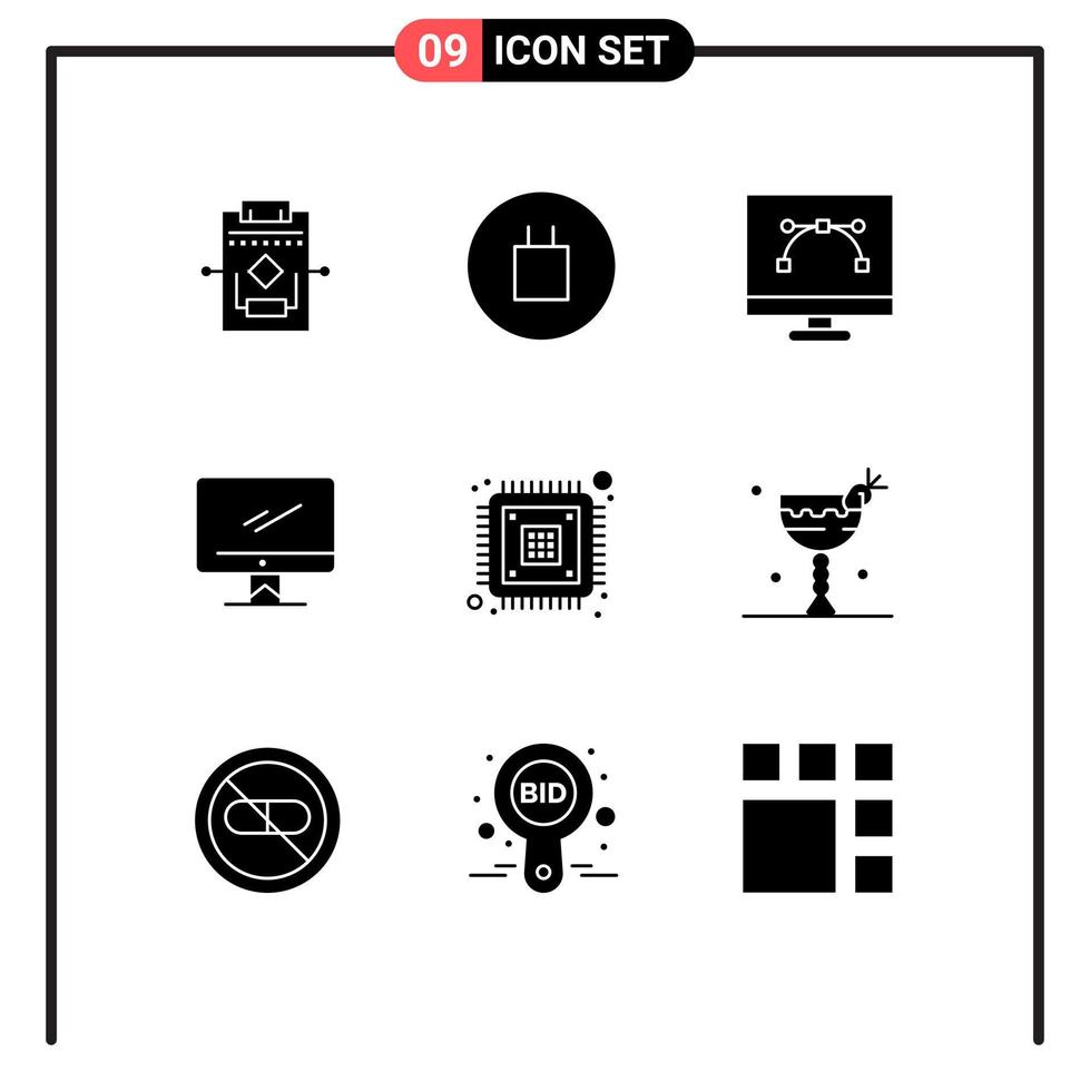 Modern Set of 9 Solid Glyphs Pictograph of chip imac design and coding device computer Editable Vector Design Elements