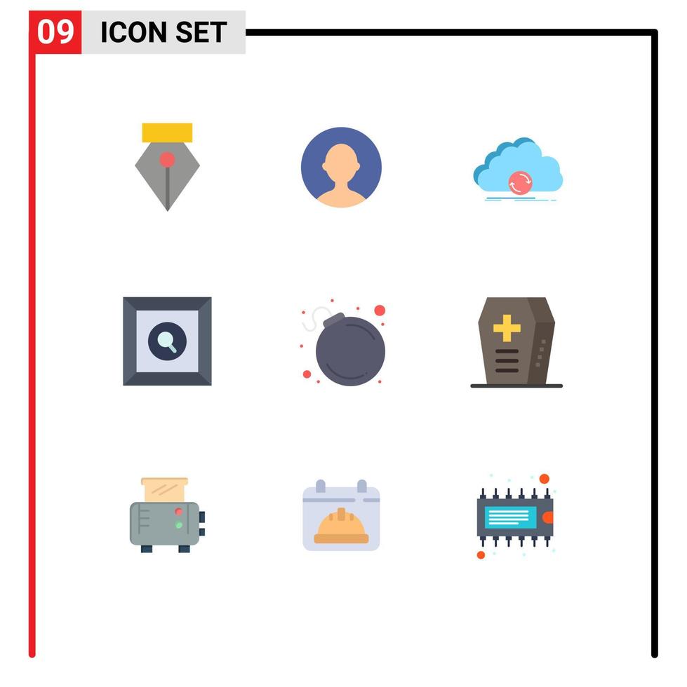 conjunto moderno de 9 pictogramas de colores planos de elementos de diseño vectorial editables del producto de alerta de sincronización de bomba de ataúd vector