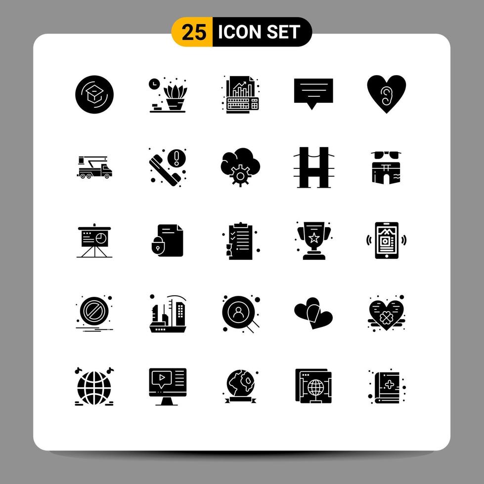 Pack of 25 creative Solid Glyphs of heart message analysis chat keyboard Editable Vector Design Elements