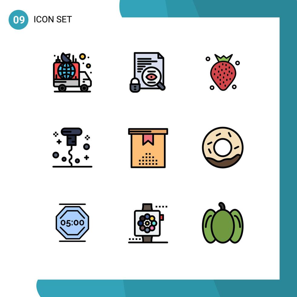 Pack of 9 creative Filledline Flat Colors of celebration miscellaneous surveillance corkscrew berry Editable Vector Design Elements