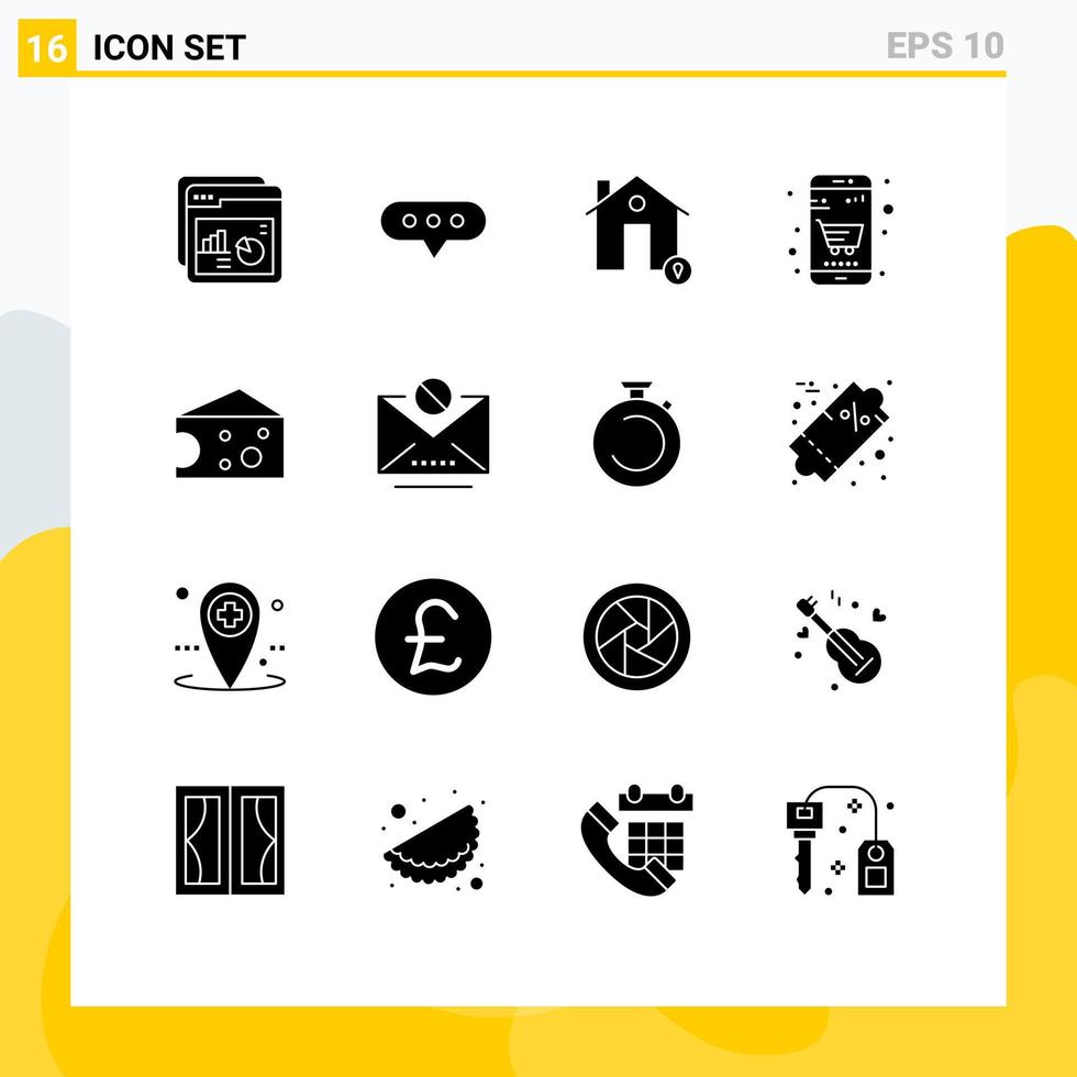 Modern Set of 16 Solid Glyphs and symbols such as breakfast cart buildings business map Editable Vector Design Elements