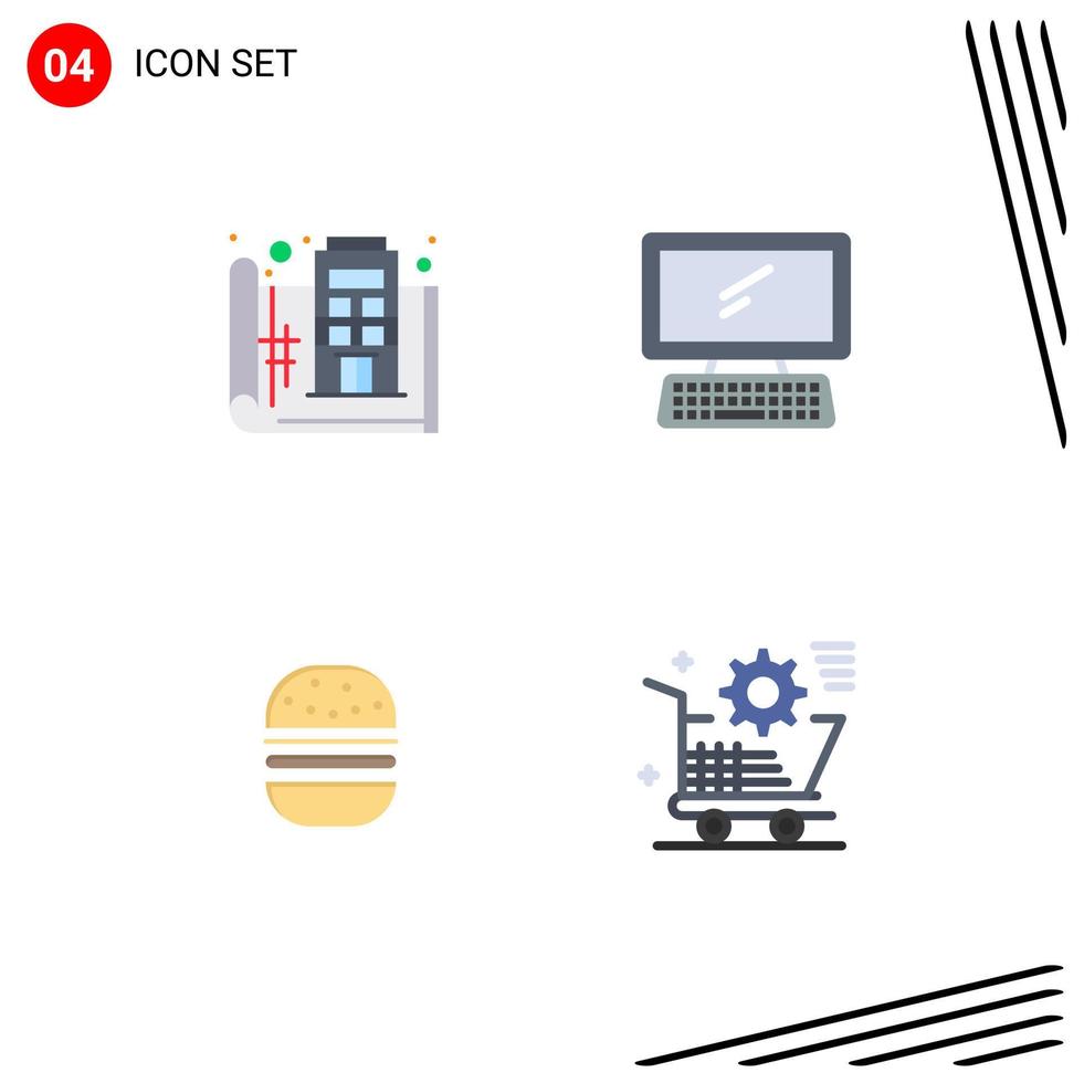 Set of 4 Vector Flat Icons on Grid for blue print pc plan monitor fastfood Editable Vector Design Elements