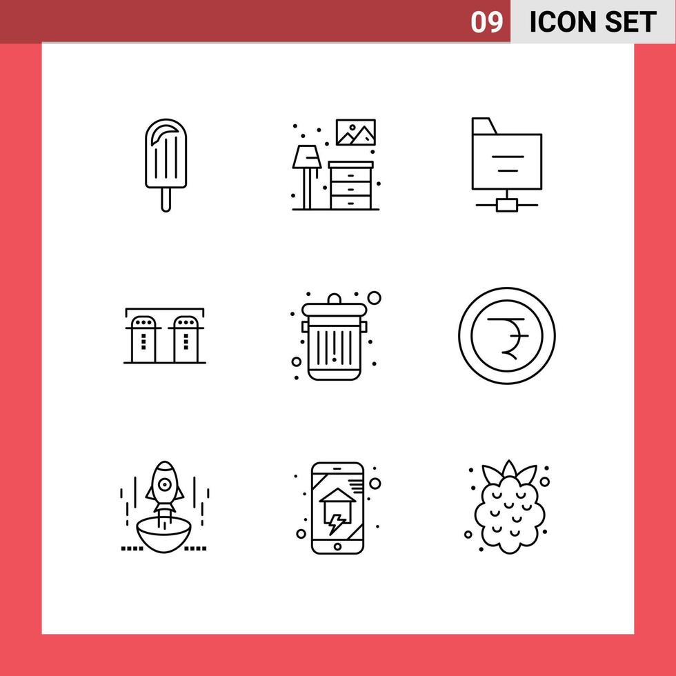 Mobile Interface Outline Set of 9 Pictograms of trash delete files spices paper Editable Vector Design Elements