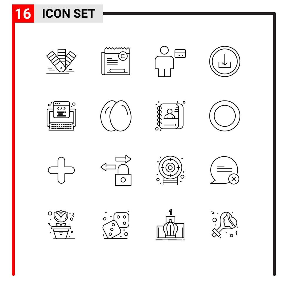 conjunto de esquema de interfaz móvil de 16 pictogramas de aplicación de descarga elementos de diseño de vector editables de tarjeta de débito derecha