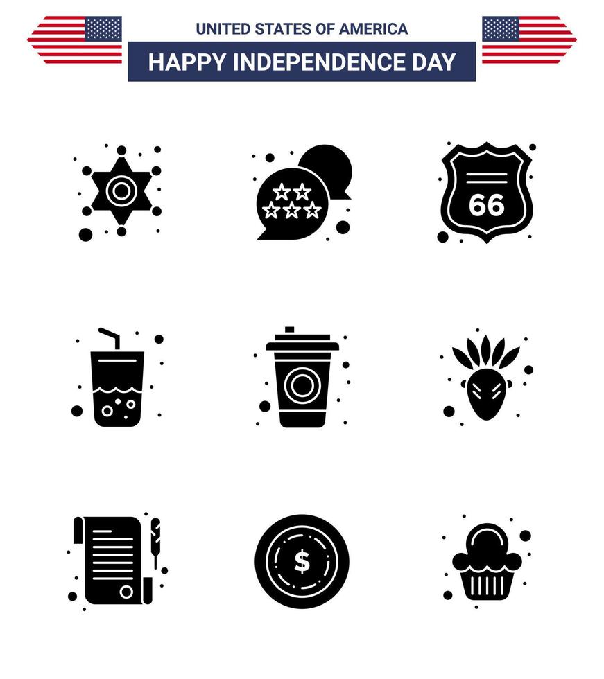 Big Pack of 9 USA Happy Independence Day USA Vector Solid Glyphs and Editable Symbols of cola cola security summer glass Editable USA Day Vector Design Elements