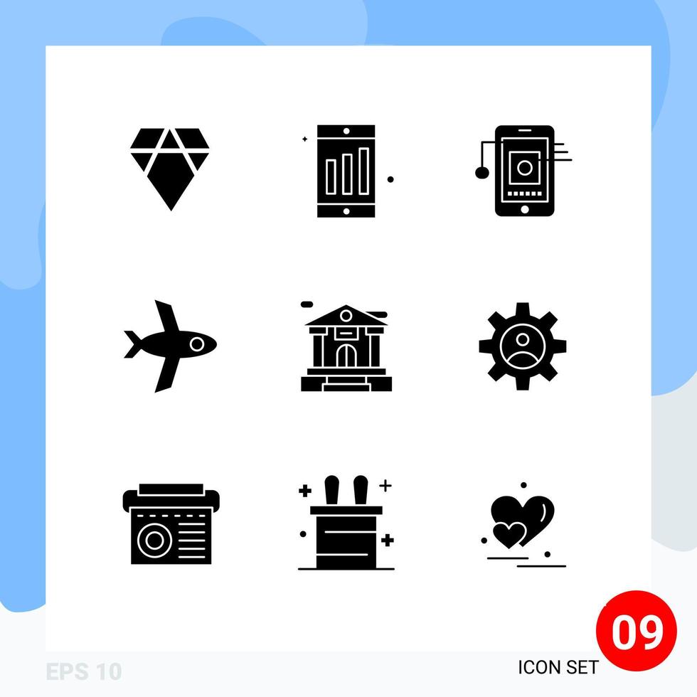 Group of 9 Solid Glyphs Signs and Symbols for controls building cell bank account plane Editable Vector Design Elements