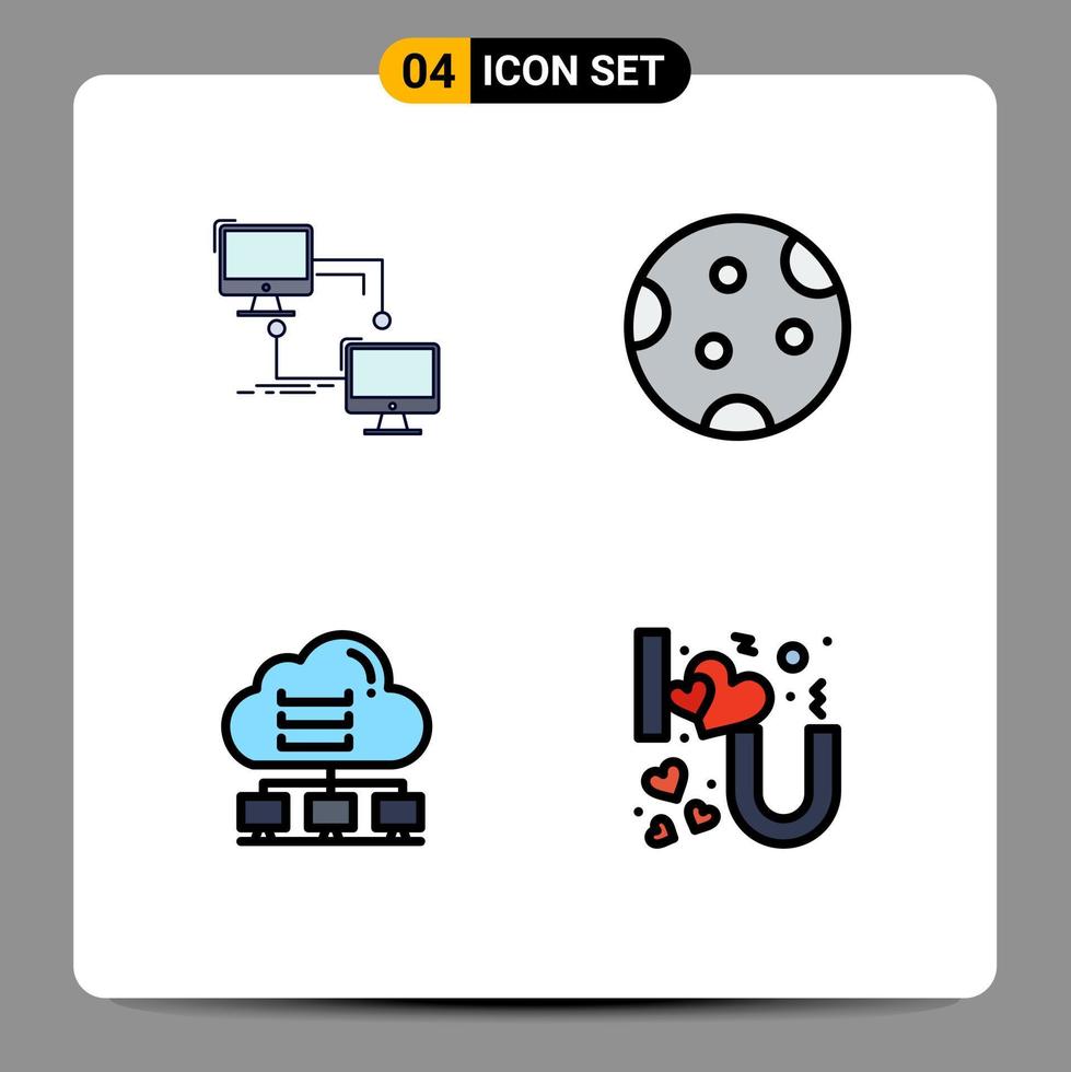 Modern Set of 4 Filledline Flat Colors Pictograph of local weather sync moon computer Editable Vector Design Elements