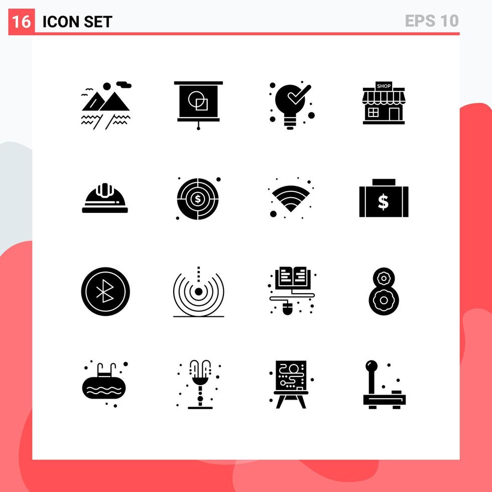 Solid Glyph Pack of 16 Universal Symbols of helmet market management store store Editable Vector Design Elements