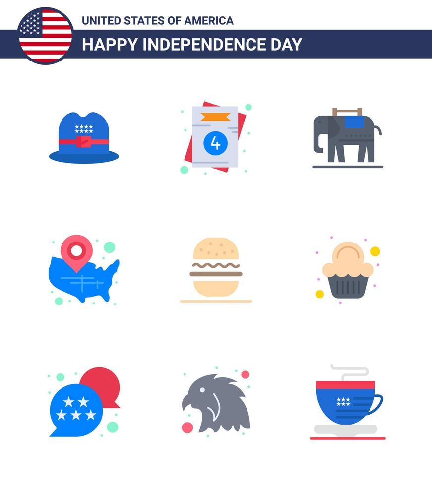 4th July USA Happy Independence Day Icon Symbols Group of 9 Modern Flats of american burger american location pin usa Editable USA Day Vector Design Elements