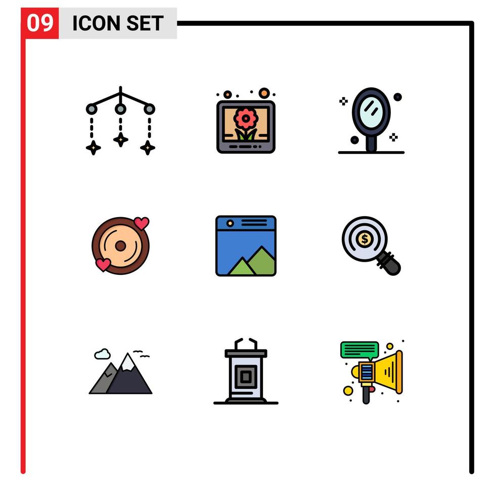 Group of 9 Modern Filledline Flat Colors Set for web photo mirror image heart Editable Vector Design Elements