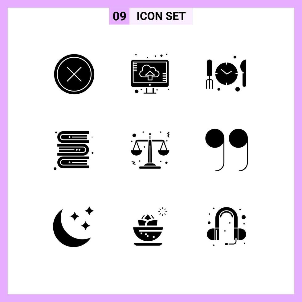 Pack of 9 Modern Solid Glyphs Signs and Symbols for Web Print Media such as scales justice upload library books Editable Vector Design Elements