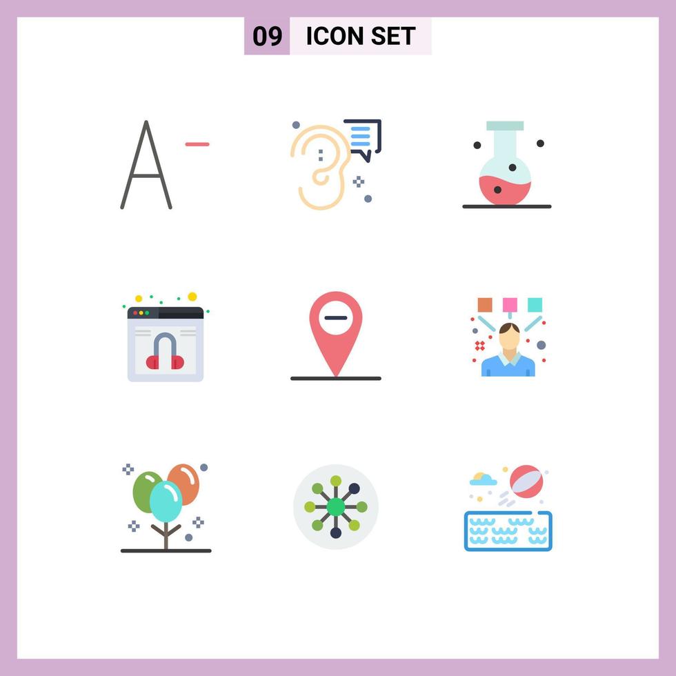 User Interface Pack of 9 Basic Flat Colors of location service chemistry online chat Editable Vector Design Elements