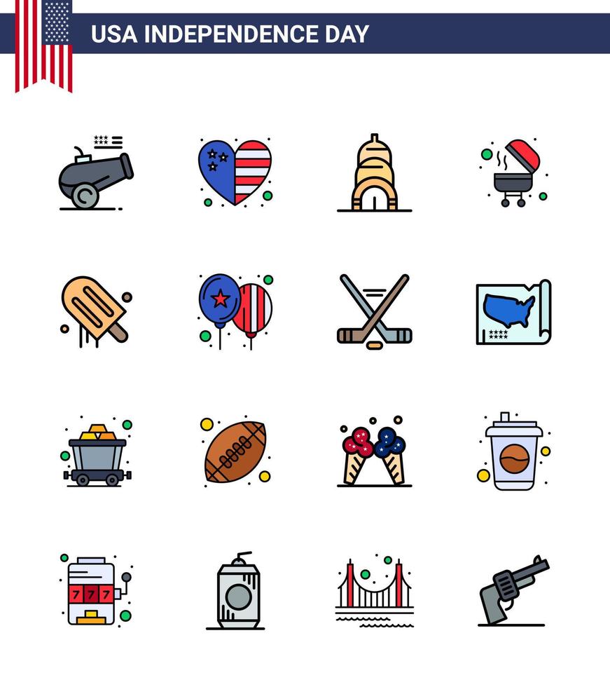 Big Pack of 16 USA Happy Independence Day USA Vector Flat Filled Lines and Editable Symbols of usa cream chrysler icecream bbq Editable USA Day Vector Design Elements