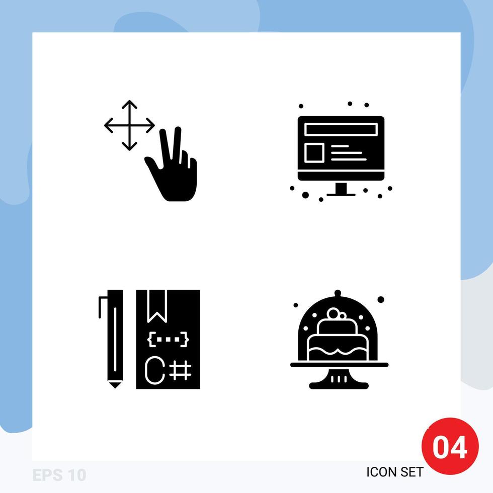 4 conjunto de glifos sólidos universales para aplicaciones web y móviles codificación de dedos desarrollo de páginas web de computadora elementos de diseño de vectores editables